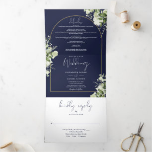 Invitation Trois Volets Mariage photo Marine Blue Greenery Gold Arch