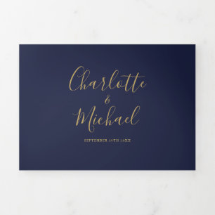 Invitation Trois Volets Mariage photo minimaliste bleu marine et or