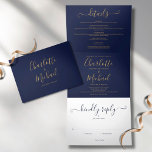 Invitation Trois Volets Mariage photo minimaliste de script bleu marine<br><div class="desc">Tout en un bleu marine tricoté faire-part de mariage avec élégante typographie or et votre photo spéciale. L'invitation comprend les détails de votre invité de célébration et une carte RSVP détachable. Conçu par Thisisnotme©</div>