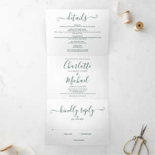 Invitation Trois Volets Mariage photo minimaliste Emerald Green Script