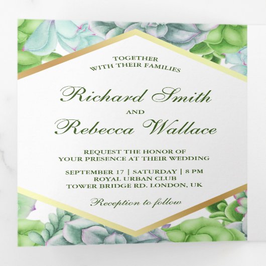 Invitation Trois Volets Mariage photo moderne Botanique Vert Succulent (Intérieur en premier)