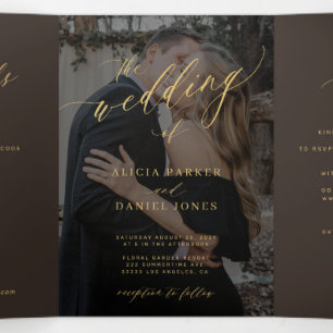 Invitation Trois Volets Mariage photo moderne or marron foncé code QR RSVP