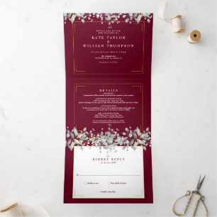 Invitation Trois Volets Mariage Photo Monogramme Bourgogne Feuillage Lilas