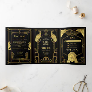 Invitation Trois Volets Mariage photo Paon Lion Hippocampe Art Déco