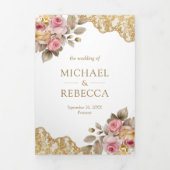 Invitation Trois Volets Mariage photo Pink Floral Gold Lace QR Code (Page de couverture)