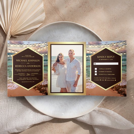 Invitation Trois Volets Mariage photo Plage Sunset String Light All in One