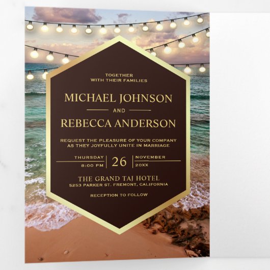 Invitation Trois Volets Mariage photo Plage Sunset String Light All in One (Intérieur en premier)