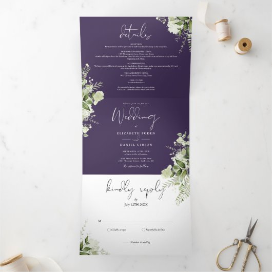 Invitation Trois Volets Mariage photo Purple Modern Botanical Greenery (Intérieur)