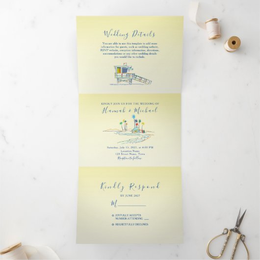 Invitation Trois Volets Mariage photo Retro Beach (Intérieur)