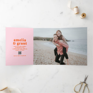 Invitation Trois Volets Mariage photo Retro Font orange et rose QR Code