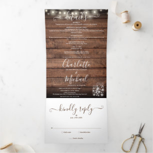 Invitation Trois Volets Mariage photo Rustic Wood String Lumières Mason Ja