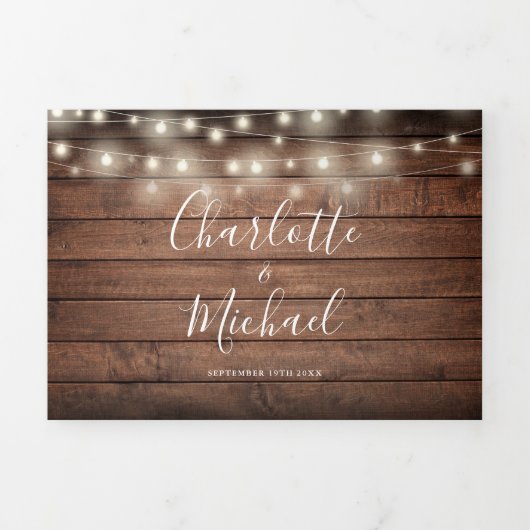 Invitation Trois Volets Mariage photo Rustic Wood String Lumières Mason Ja (Page de couverture)