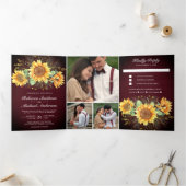 Invitation Trois Volets Mariage photo Rustique Burgundy Wood Sunflowers (Intérieur)