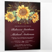 Invitation Trois Volets Mariage photo Rustique Burgundy Wood Sunflowers (Intérieur en premier)