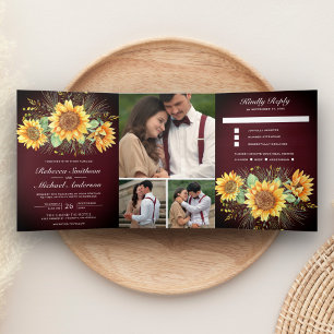 Invitation Trois Volets Mariage photo Rustique Burgundy Wood Sunflowers