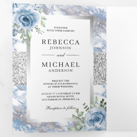 Invitation Trois Volets Mariage photo Silver Foil Dusty Blue Floral Marble (Intérieur en premier)
