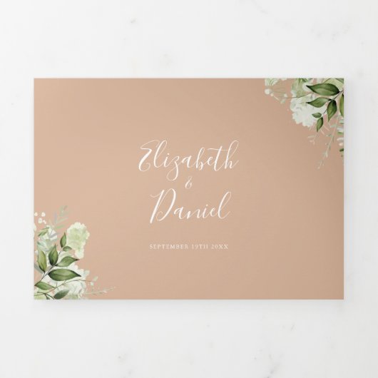 Invitation Trois Volets Mariage photo Tan Modern Botanical Greenery (Page de couverture)