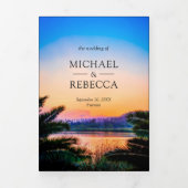 Invitation Trois Volets Mariage photo Tropical Beach Sunset String Lights (Page de couverture)