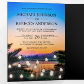 Invitation Trois Volets Mariage photo Tropical Beach Sunset String Lights (Intérieur en premier)