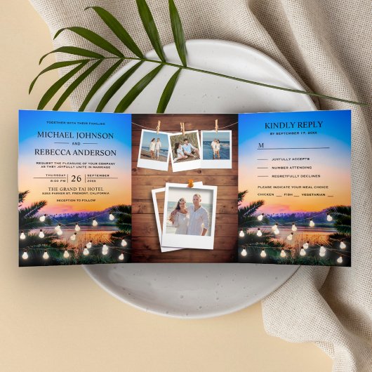 Invitation Trois Volets Mariage photo Tropical Beach Sunset String Lights