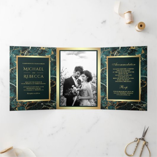 Invitation Trois Volets Mariage photo turquoise Gold Marble Faux Gold Foil (Intérieur)