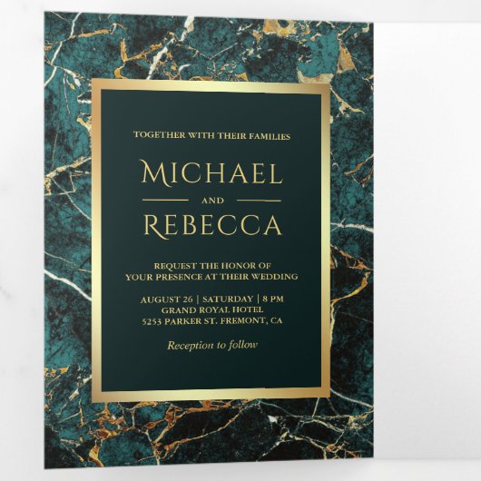 Invitation Trois Volets Mariage photo turquoise Gold Marble Faux Gold Foil (Intérieur en premier)