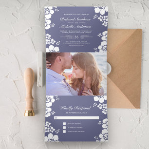 Invitation Trois Volets Mariage photo une pièce Fleurs blanches Violet Pou