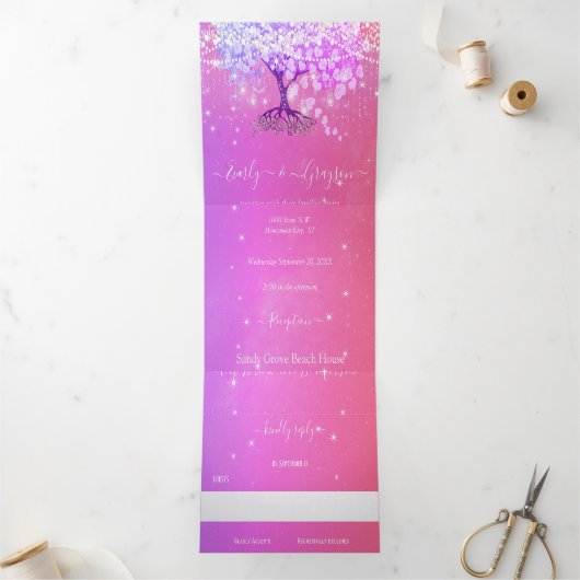 Invitation Trois Volets Mariage Pink Purple Blue Heart Leaf Tree (Intérieur)