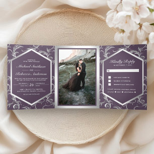 Invitation Trois Volets Mariage poussiéreux argent violet flourish tourbil