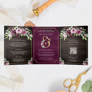 Invitation Trois Volets Mariage QR Bois Esperluette Fleur Rose Violet Prun