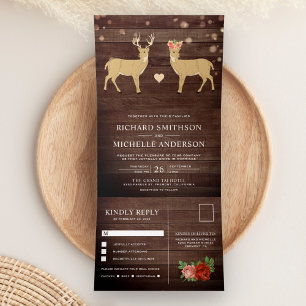 Invitation Trois Volets Mariage Romantique de Cerfs Buck et Biche en Bois