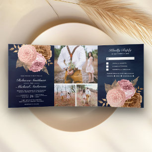 Invitation Trois Volets Mariage Rose Poussiéreux Floral Terne Bleu Marine