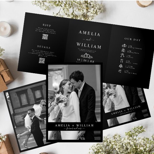 Invitation Trois Volets Mariage RSVP minimaliste photo noir