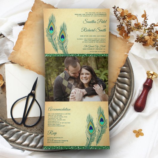 Invitation Trois Volets Mariage Rustic Green Indian Peacock Feathes