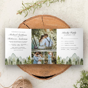 Invitation Trois Volets Mariage Rustique Aquarelle Pine de montagne