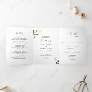 Invitation Trois Volets Mariage rustique aux fleurs de marguerite blanche