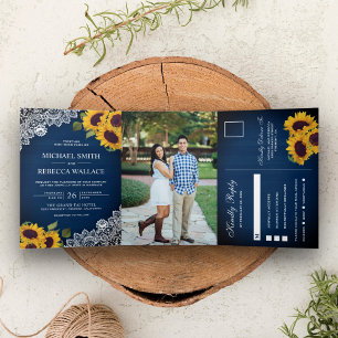 Invitation Trois Volets Mariage Rustique Bleu Marine Bois Dentelle Tournes