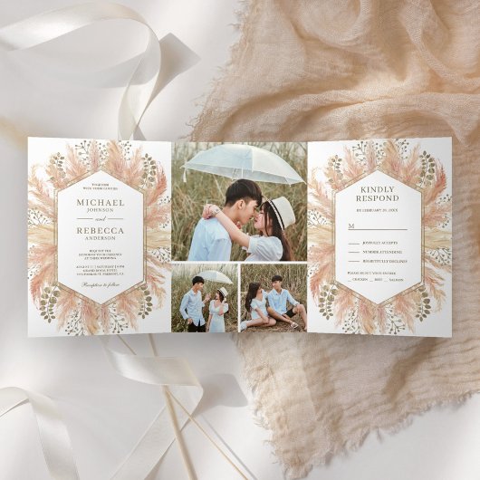 Invitation Trois Volets Mariage Rustique Boho avec Collage de Photos d'Her