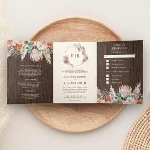 Invitation Trois Volets Mariage rustique boho champêtre floral Pampas en b