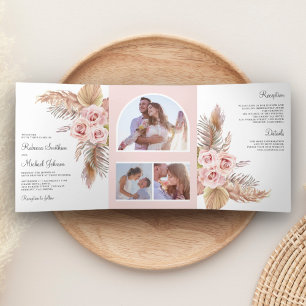 Invitation Trois Volets Mariage Rustique Boho Herbe de Pampas Roses Rose P