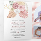 Invitation Trois Volets Mariage Rustique Boho Palmier Roses Rose Poussiére (Intérieur en premier)