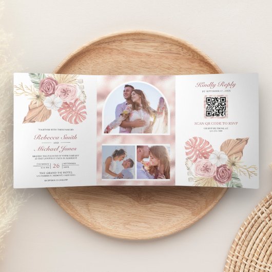 Invitation Trois Volets Mariage Rustique Boho Palmier Roses Rose Poussiére