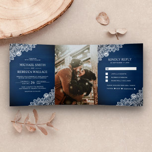 Invitation Trois Volets Mariage Rustique Campagnard en Bleu Nuit avec Bois