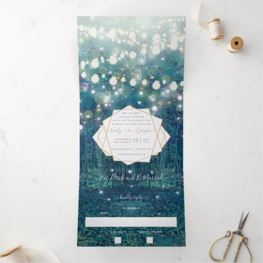 Invitation Trois Volets Mariage Rustique Chic Forestier Bleu Vert Or (Intérieur)