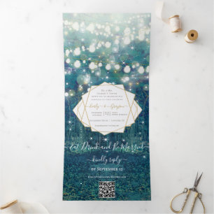 Invitation Trois Volets Mariage Rustique Chic Forestier Bleu Vert Or