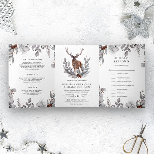Invitation Trois Volets Mariage Rustique de Cerf de Forêt à l'Aquarelle