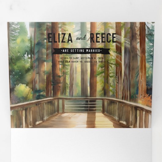 Invitation Trois Volets Mariage rustique de forêt de séquoia (Intérieur en premier)