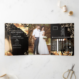 Invitation Trois Volets Mariage rustique romantique Lanternes & Roses doré