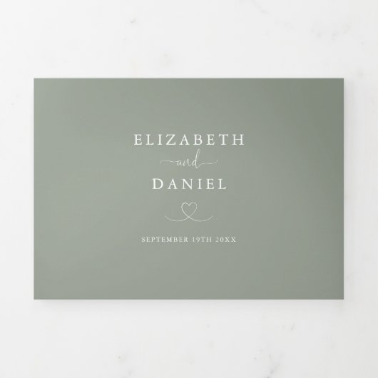 Invitation Trois Volets Mariage Sage Green Heart Script (Page de couverture)