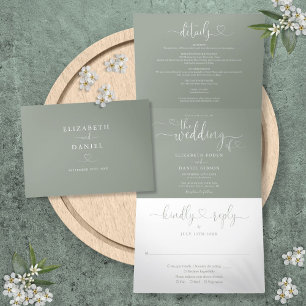 Invitation Trois Volets Mariage Sage Green Heart Script